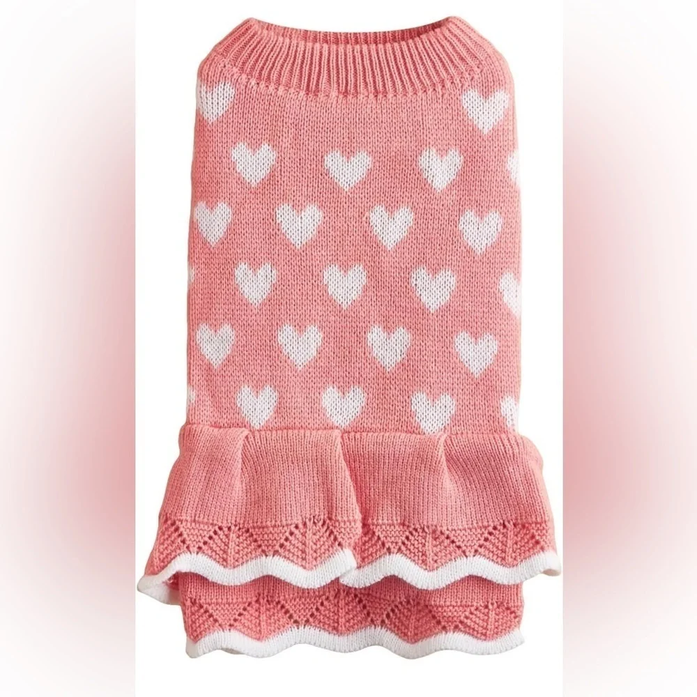 Heart  valentine Print Dog Sweater Double-Layer Trim Dress Warm Soft Winter Dog